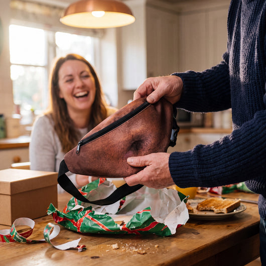 Unwrapping the Brown Belly Pack at a kitchen table on Christmas morning