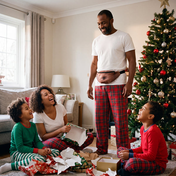 Dad wearing the Brown Belly Pack over a white T-shirt by the Christmas tree as his family laughs