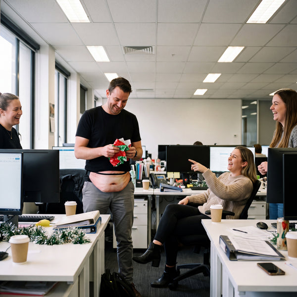 Office gift exchange: man wearing the White Belly Pack over a black T-shirt