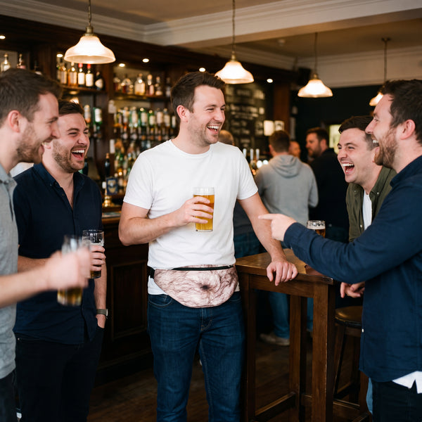 Man wearing the Very Hairy Belly Pack over a white T-shirt with friends in a pub