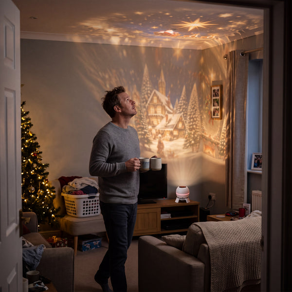 Man carrying two mugs into a living room lit by a projected Christmas village from the Novum Christmas Projection Light
