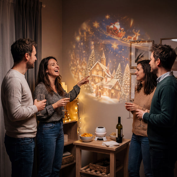 Friends at a Christmas get-together pointing at a Christmas scene projected on the wall by the Novum Christmas Projection Light