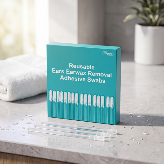Novum Reusable Earwax Swabs box with three clear swabs on a bathroom counter