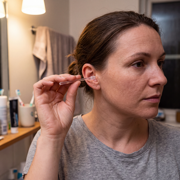 Woman using a reusable swab at the outer ear in her bathroom