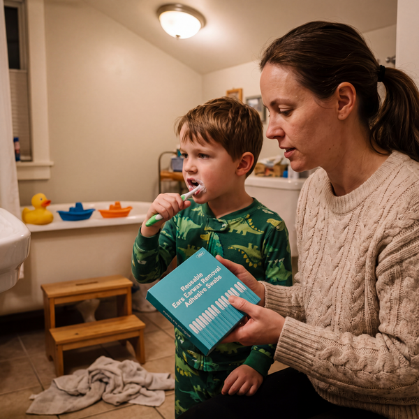 Mother holding a box of earwax swabs while her son brushes his teeth