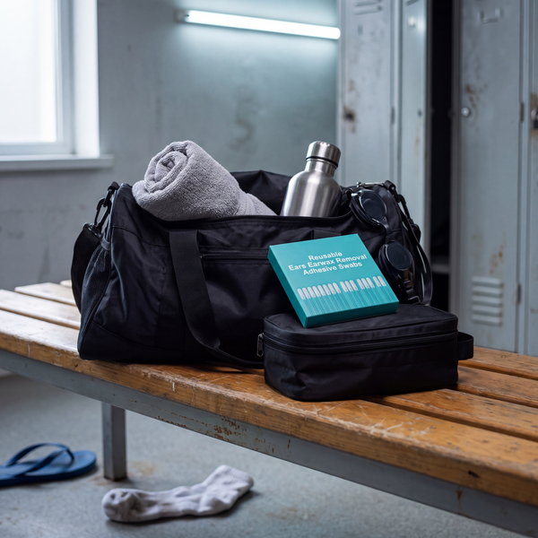 Box of earwax swabs on a gym bag in a locker room