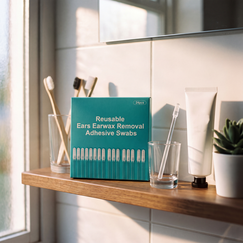 Box of reusable earwax swabs on a bathroom shelf with one swab in a glass
