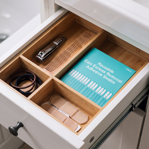 Box of earwax swabs in a bathroom drawer organiser