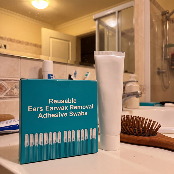 Box of earwax swabs on a bathroom counter