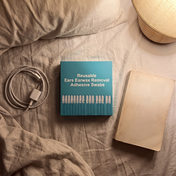 Box of earwax swabs on a bed next to a book