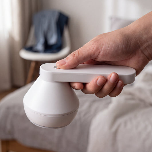 Hand holding the white Novum Electric Lint Remover by its handle