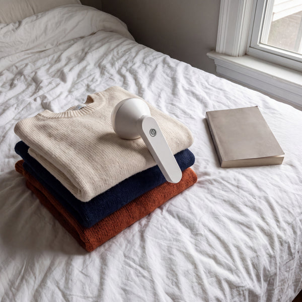White electric lint remover on a stack of folded jumpers on a bed