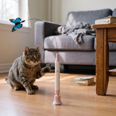 The Butterfly Flutter Cat Toy on a living room floor with a tabby cat about to swat the butterfly