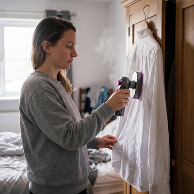A woman steaming a white shirt on a wardrobe door with the Novum Mini Steam Iron