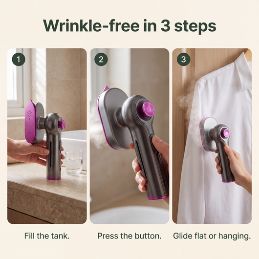 Wrinkle-free in 3 steps: fill the tank, press the button, glide flat or hanging