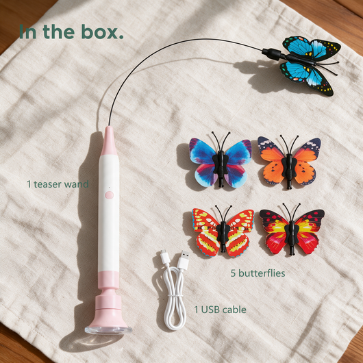 In the box: one teaser wand, five butterflies and one USB cable
