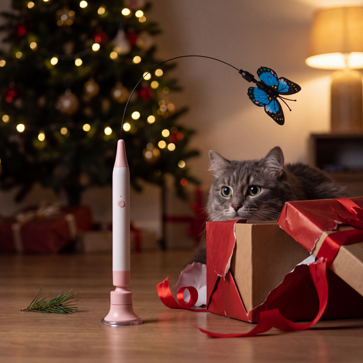 The Butterfly Flutter Cat Toy beside an unwrapped gift under a Christmas tree with a grey cat watching