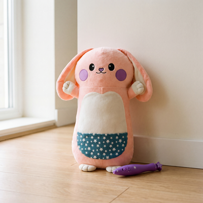 Boba The Bunny Glow Buddy plush with its purple light pen