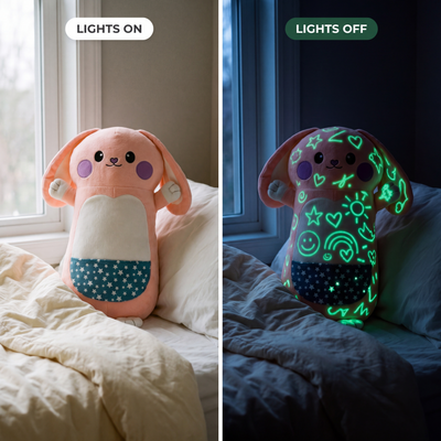 Glow Buddy bunny with the lights on, and the same bunny with the lights off covered in glowing green drawings