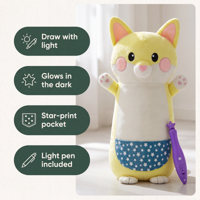 Glow Buddy fox plush: draw with light, glows in the dark, star-print pocket, light pen included