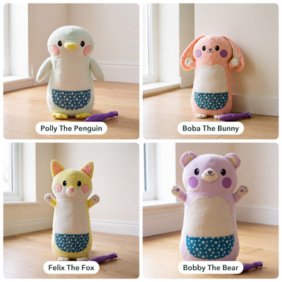 The four Glow Buddies: Polly The Penguin, Boba The Bunny, Felix The Fox and Bobby The Bear