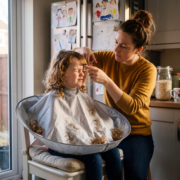 Mother trimming her daughter's fringe at home with the cutting cape