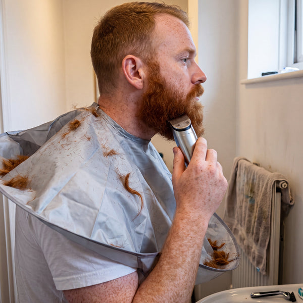 Beard trim at the bathroom sink with the cutting cape catching the trimmings