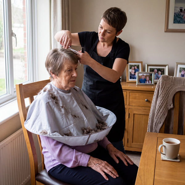 Mobile hairdresser cutting a client's hair at home with the cutting cape