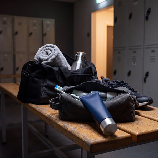 Tube of hair removal cream in a wash bag next to a gym bag