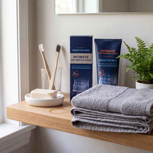 Hair removal cream tube and carton on a bathroom shelf
