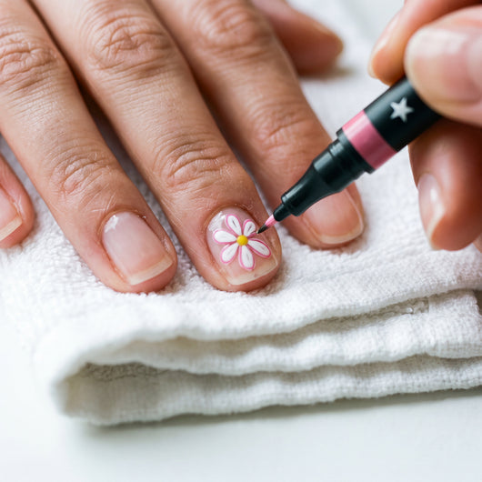 Drawing a small daisy on a fingernail with the fine liner tip of a Novum nail art pen