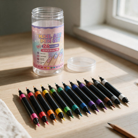 The 12 dual-ended Novum nail art pens laid out in a row in front of the empty tub, liner tips at one end and brush tips at the other