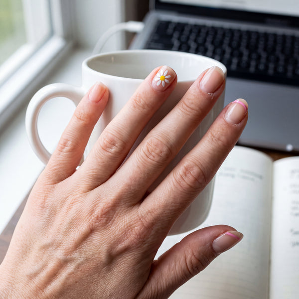 Nude nails with a small hand-drawn daisy and a thin pink tip line, hand on a coffee mug