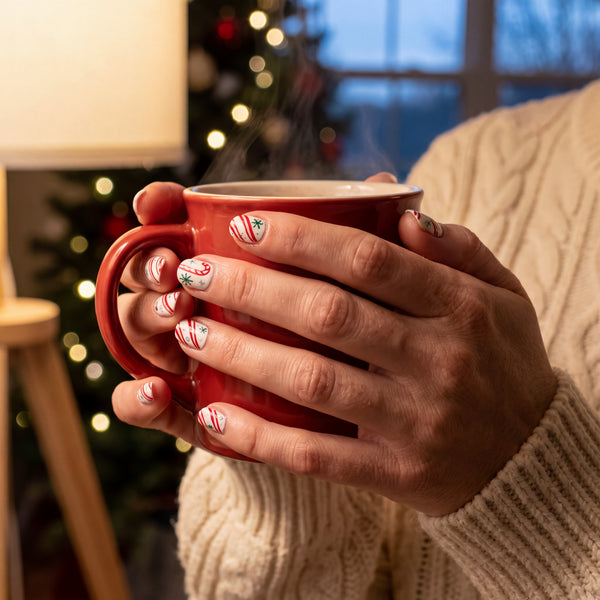 White nails with hand-drawn red candy-cane stripes and small green snowflakes, hands around a red mug