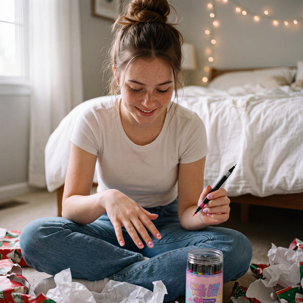 Young woman on her bedroom floor among Christmas wrapping paper looking at hearts and bows she drew on her nails, the pen tub beside her