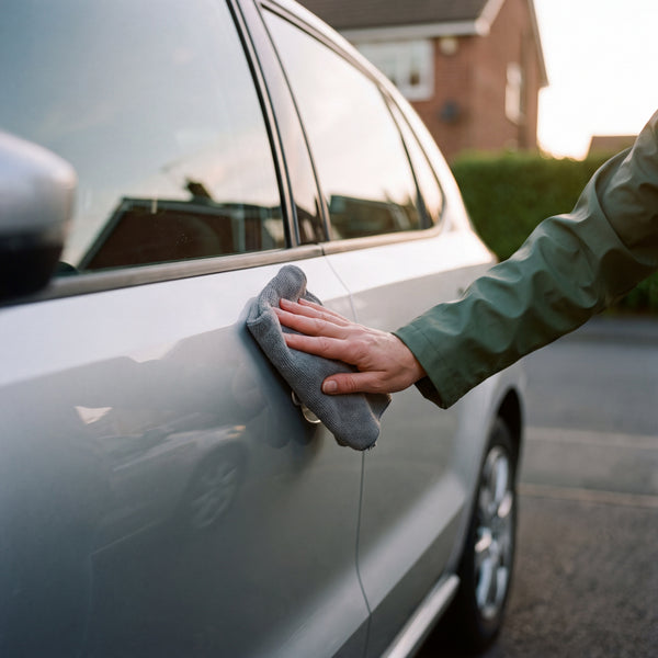 Wiping a silver car door with a microfiber cloth