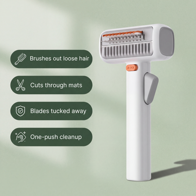 Pet detangling comb with four features: brushes out loose hair, cuts through mats, blades tucked away, one-push cleanup