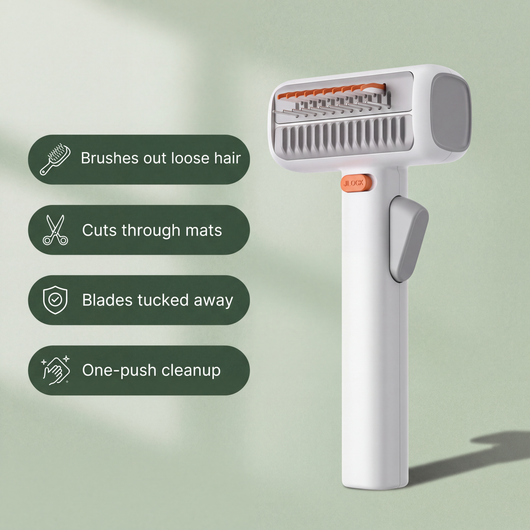 Pet detangling comb with four features: brushes out loose hair, cuts through mats, blades tucked away, one-push cleanup