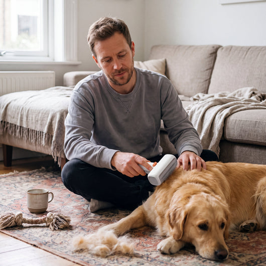 Man brushing a golden retriever with the 2-in-1 pet detangling comb on a living-room rug
