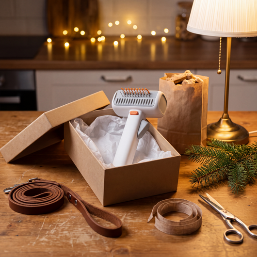 Pet detangling comb in a kraft gift box with a leather leash and a bag of dog treats