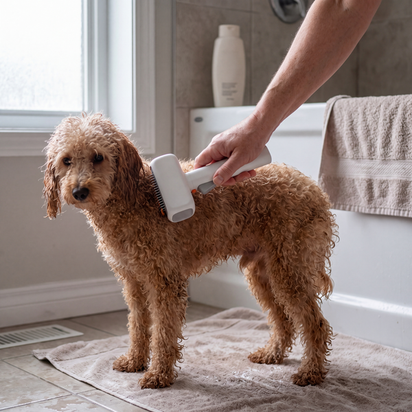 Combing a curly-coated poodle mix on a bath towel with the pet detangling comb
