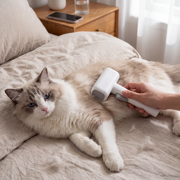 Brushing a Ragdoll cat lying on a bed with the pet detangling comb