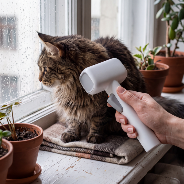 Brushing a Maine Coon cat's ruff on a windowsill with the pet detangling comb