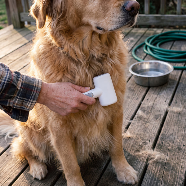 Brushing a golden retriever's chest with the 2-in-1 pet detangling comb on a porch