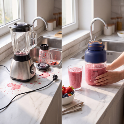Corded countertop blender next to the cordless Novum Portable Juicer
