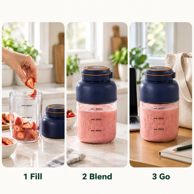 Novum Portable Juicer in three steps: fill, blend, go