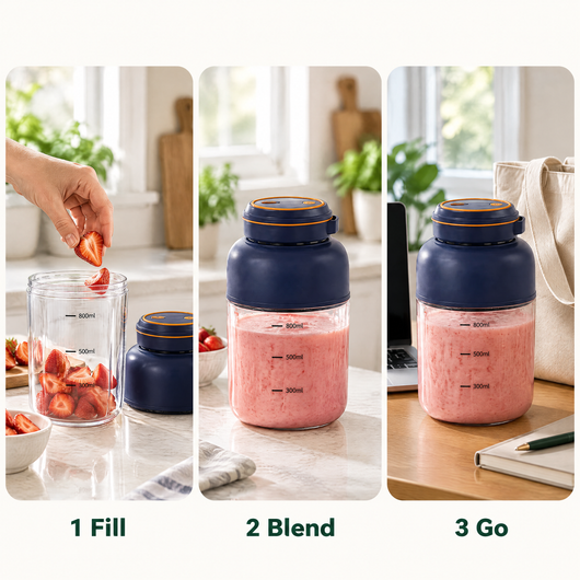 Novum Portable Juicer in three steps: fill, blend, go