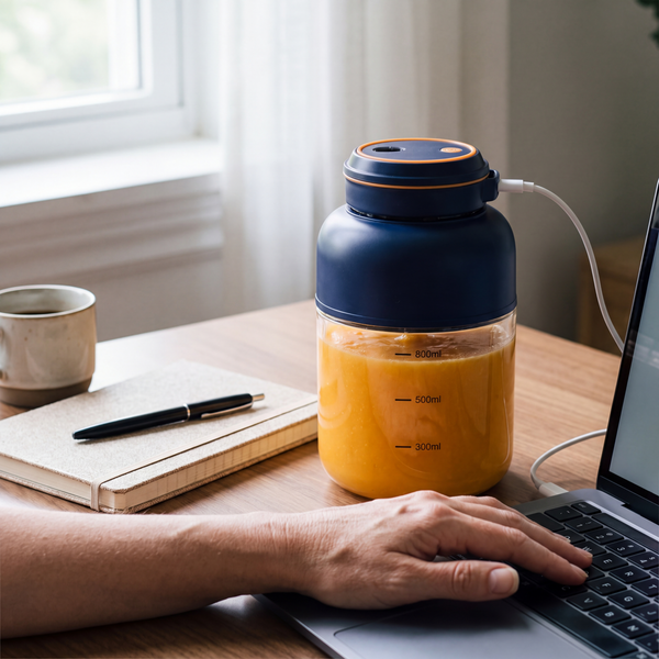 Novum Portable Juicer charging from a laptop on a home-office desk