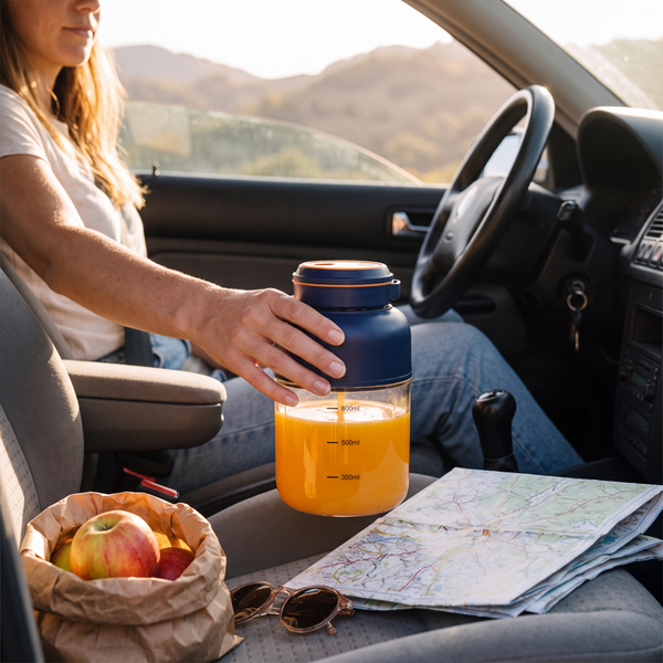 Novum Portable Juicer with orange juice on a car seat during a road trip