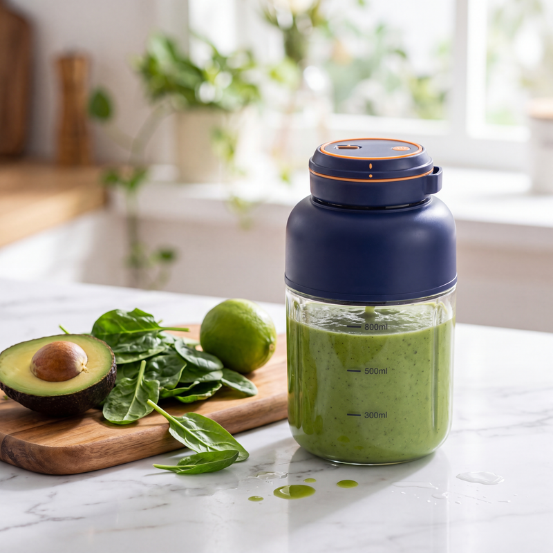 Novum Portable Juicer with a green smoothie next to avocado and spinach